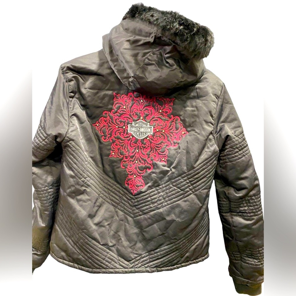 Harley-Davidson Black Down Puffer Jacket w/Rabbit Fur Trimmed Hood